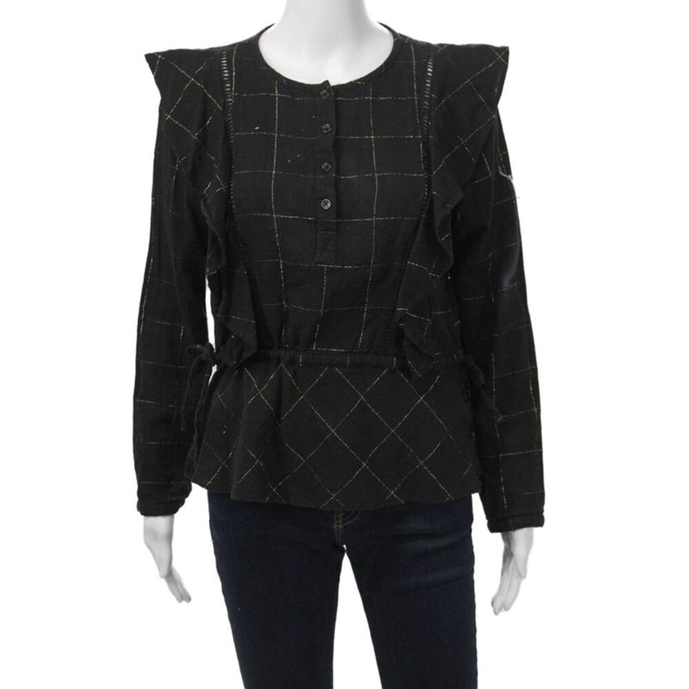 DRA Womens Black Check Button Up Long Sleeve Blouse Cotton Lurex Size S